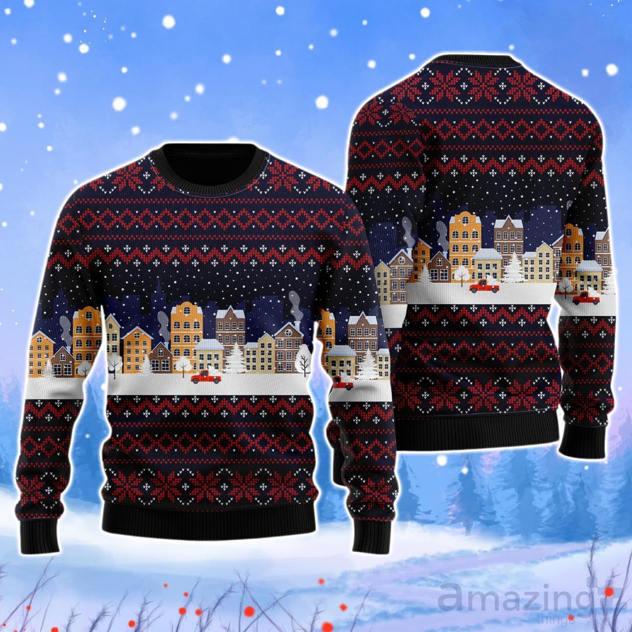 Lonely Red Car In Snow Night Pattern Christmas Unisex Ugly Sweater image Lonely Red Car In Snow Night Pattern Christmas Unisex Ugly Sweater Product Photo 1