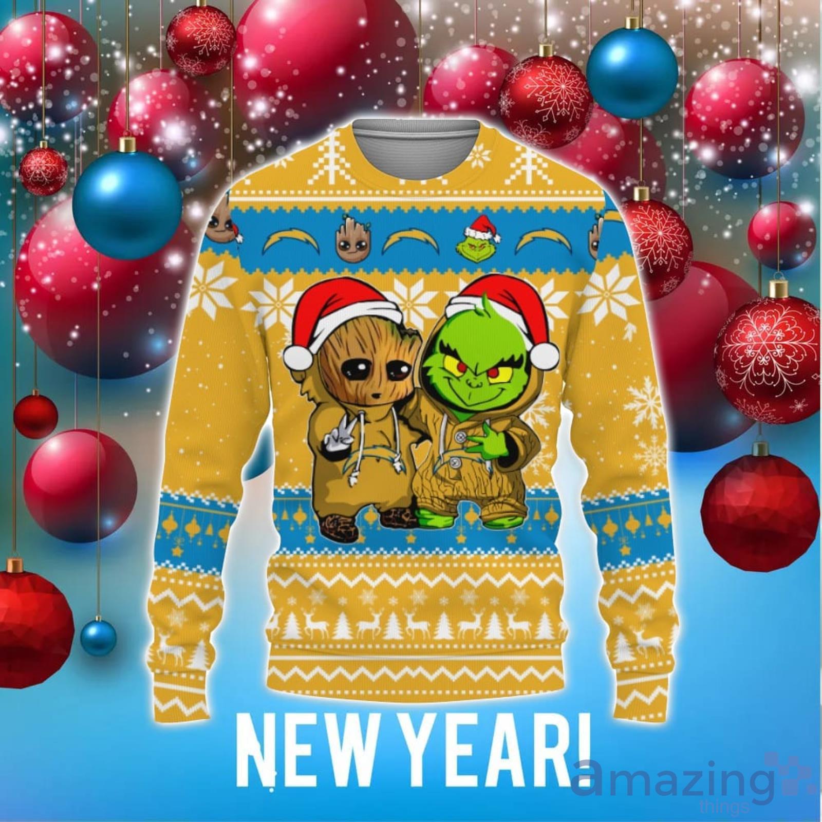 Los Angeles Chargers Baby Groot And Grinch Best Friends 3D Ugly Christmas Sweater Unisex Christmas Gift image Los Angeles Chargers Baby Groot And Grinch Best Friends 3D Ugly Christmas Sweater Unisex Christmas Gift Product Photo 1