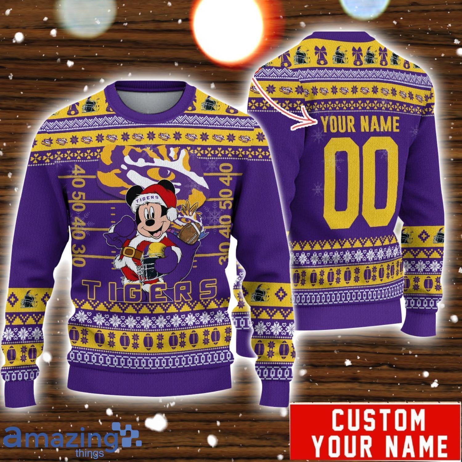 LSU Tigers Mickey Player Custom Name And Number Ugly Christmas Sweater image LSU Tigers Mickey Player Custom Name And Number Ugly Christmas Sweater Product Photo 1