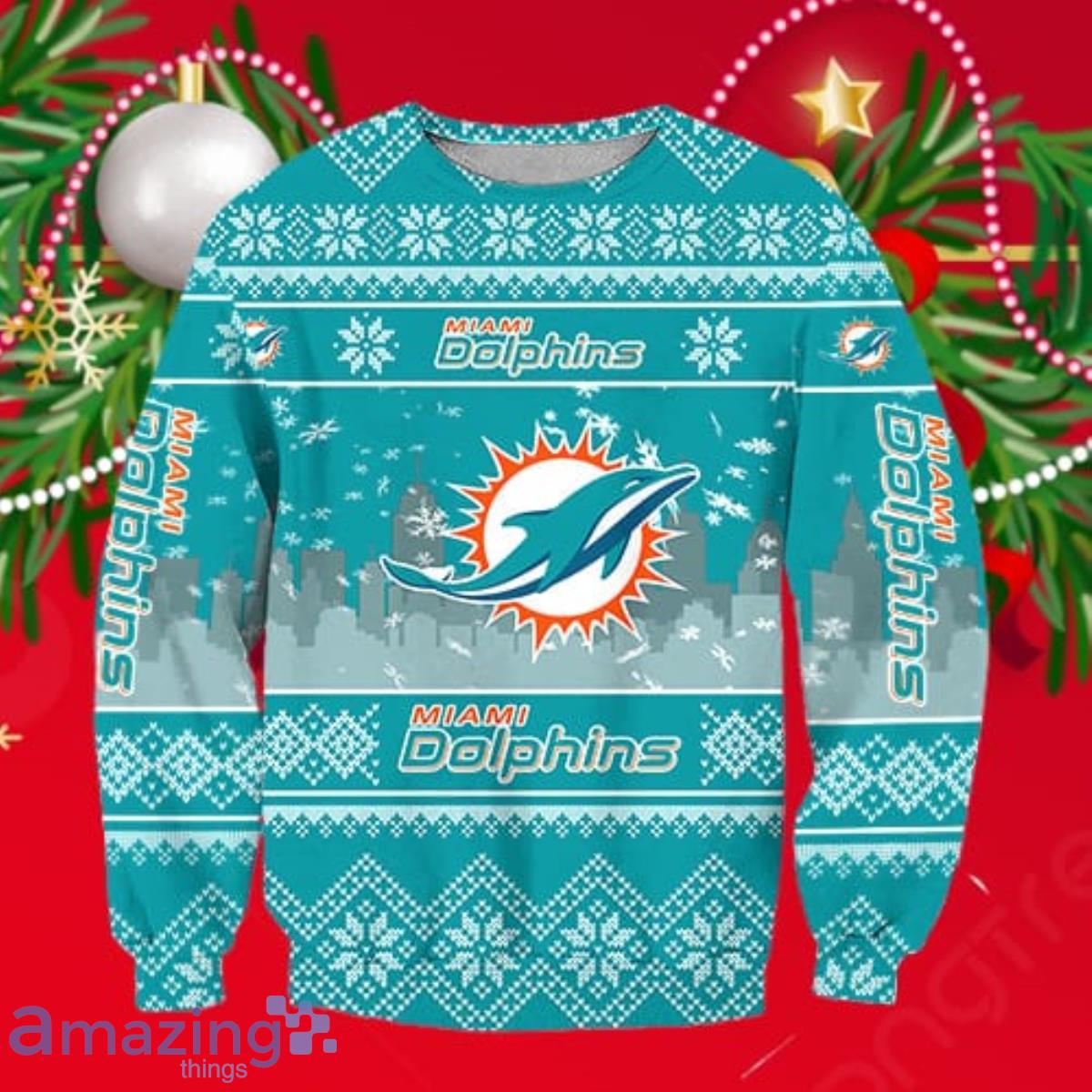 Miami Dolphins Dog Family Holiday Ugly Sweater, Size: L