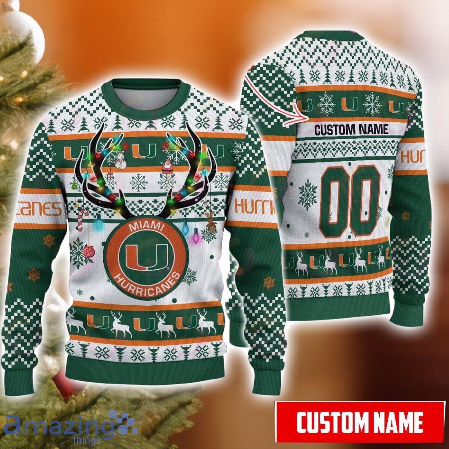 Miami Hurricanes Reindeer Pattern Special Custom Name And Number Ugly Christmas Sweater NCAA Fans Gifft image Miami Hurricanes Reindeer Pattern Special Custom Name And Number Ugly Christmas Sweater NCAA Fans Gifft Product Photo 1