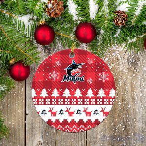 Miami Marlins Ceramic Ornament Christmas Pixel Art Tartan Background Product Photo 2