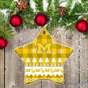 Michigan Wolverines Ceramic Ornament Christmas Pixel Art Tartan Background Product Photo 1