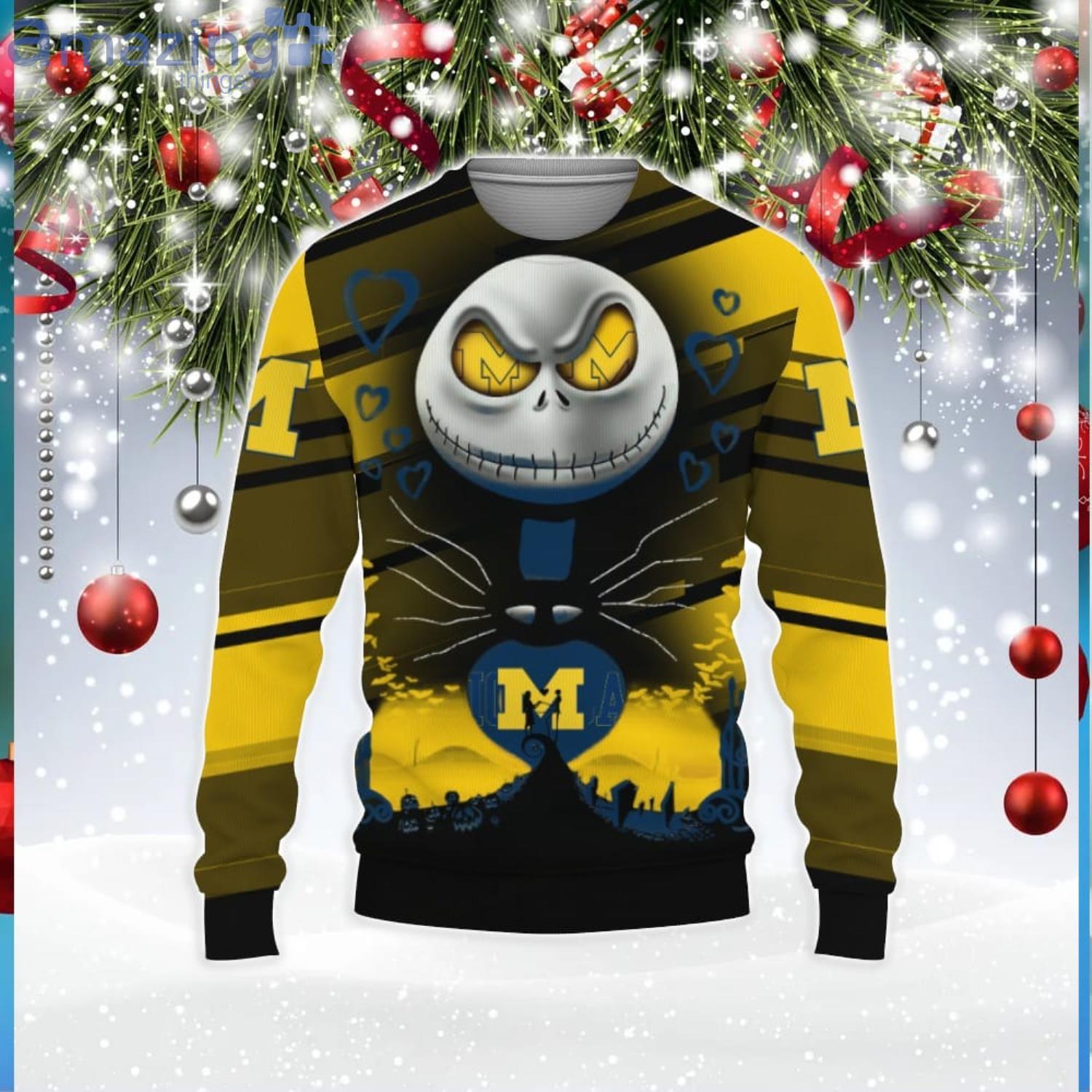 Michigan Wolverines Jack Skellington 2023 3D Sweater Unisex Christmas Gift image Michigan Wolverines Jack Skellington 2023 3D Sweater Unisex Christmas Gift Product Photo 1