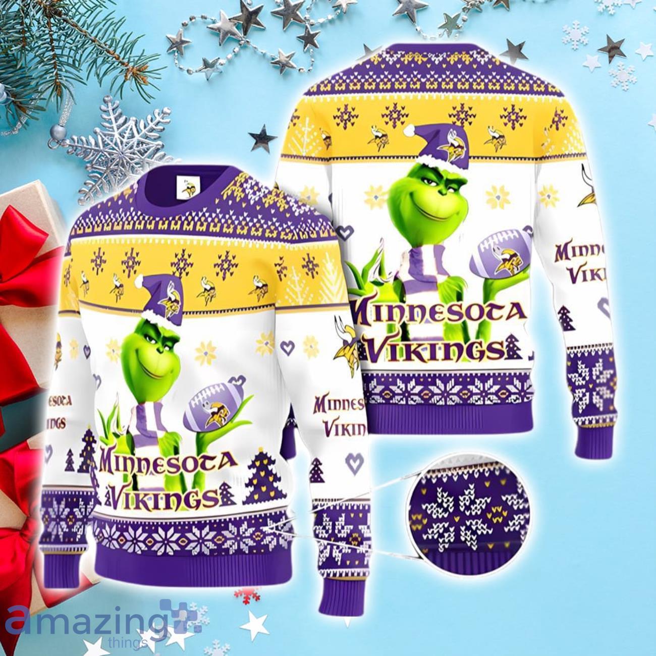 Men And Women Christmas Gift NFL Minnesota Vikings Cute 12 Grinch Face Xmas  Day 3D Ugly Christmas Sweater - Banantees