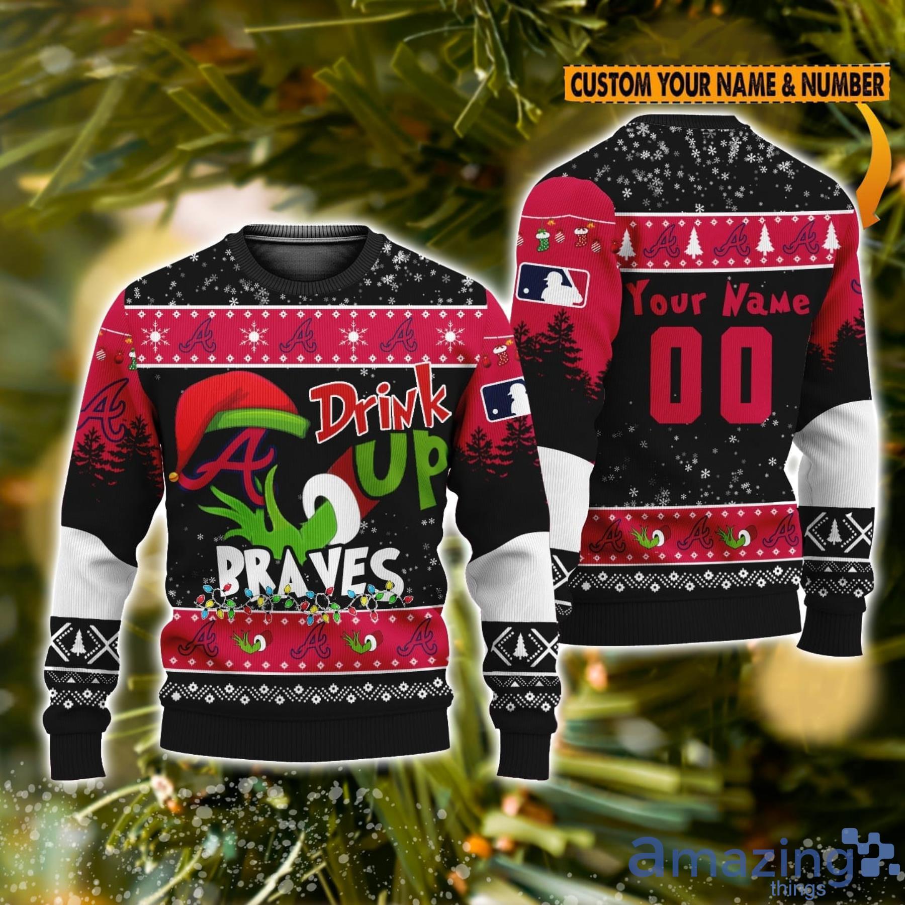 MLB Grinch Drink Up Atlanta Braves Custom Name And Number Ugly Christmas  Sweater Christmas Gift