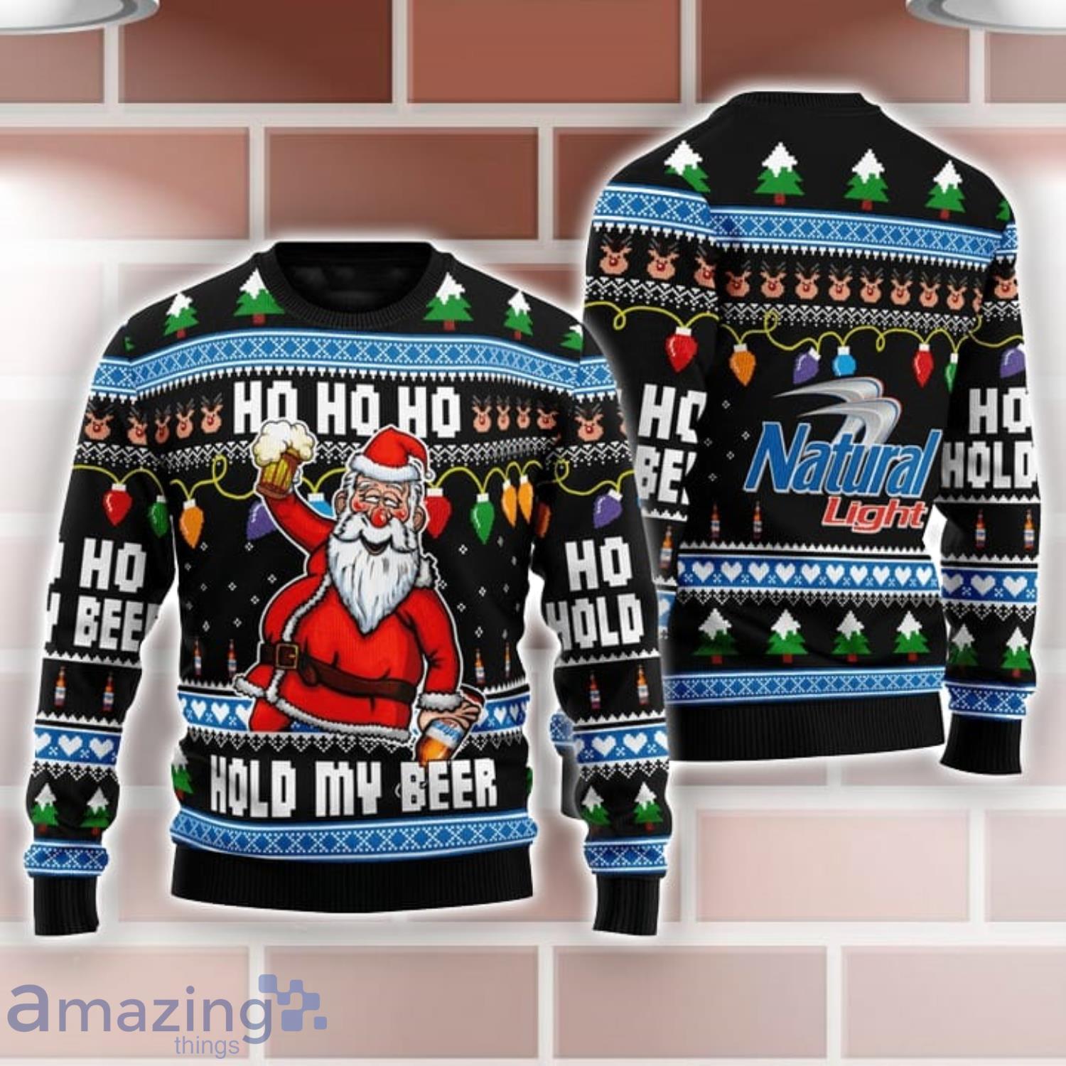 Natural Light Black Santa Hold My Beer Ho Ho Ho Ugly Christmas Sweater Product Photo 1