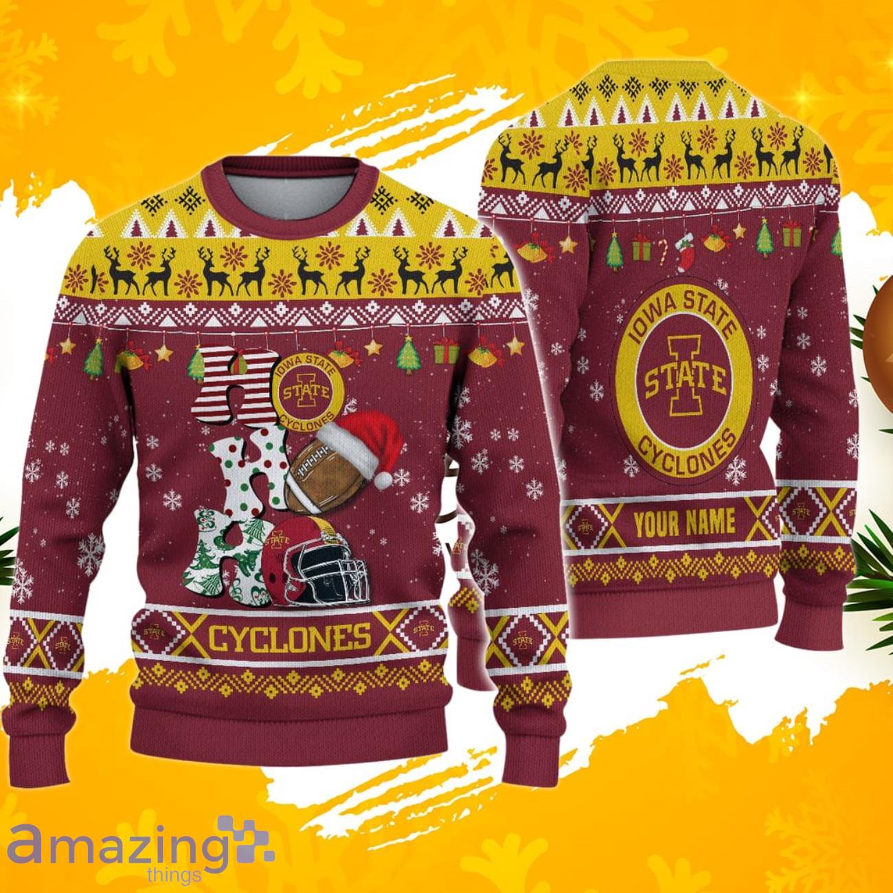 NCAA Iowa State Cyclones HO HO HO Ugly Christmas Sweater Custom Name image NCAA Iowa State Cyclones HO HO HO Ugly Christmas Sweater Custom Name Product Photo 1
