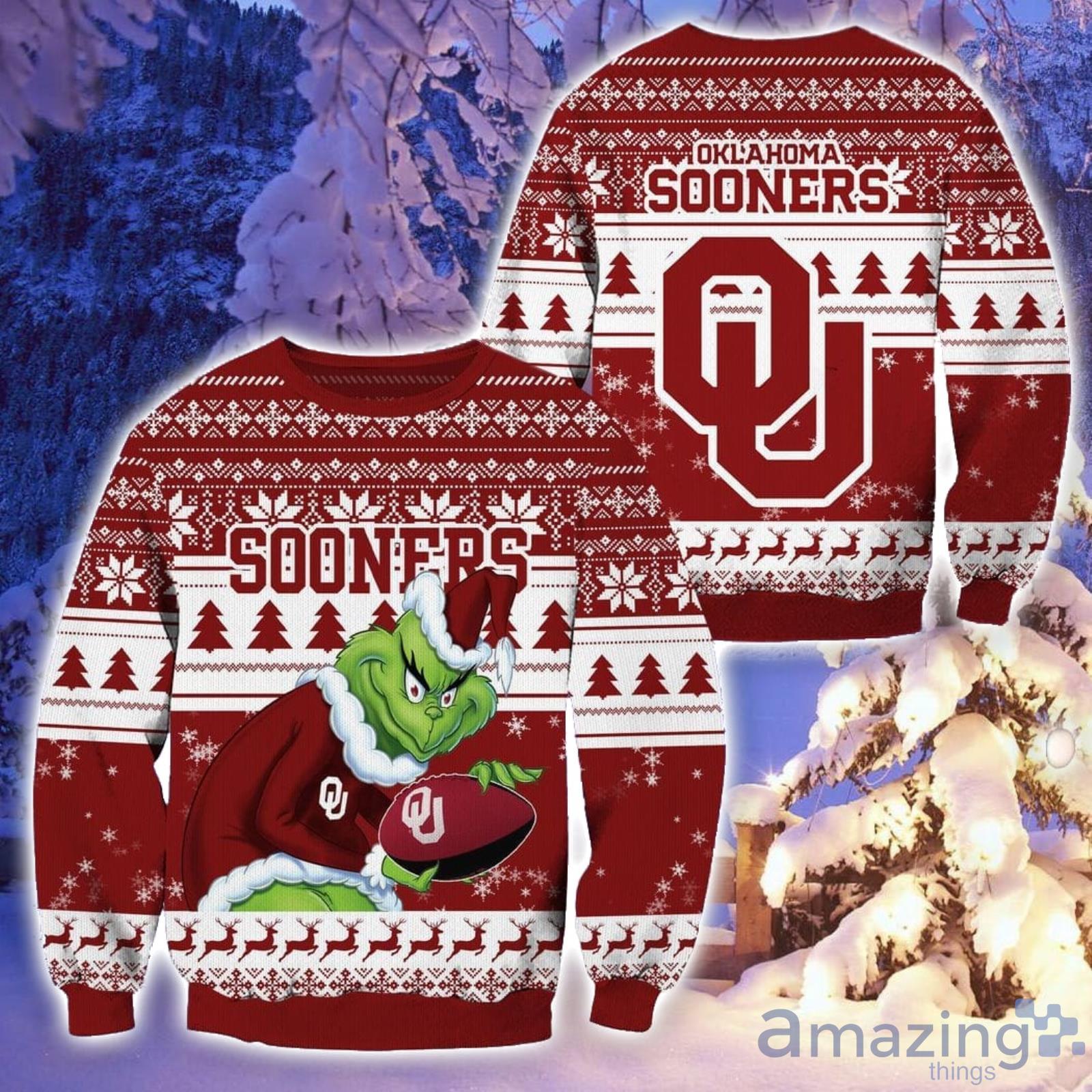 NCAA Oklahoma Sooners Grinch Christmas Ugly Sweater image NCAA Oklahoma Sooners Grinch Christmas Ugly Sweater Product Photo 1