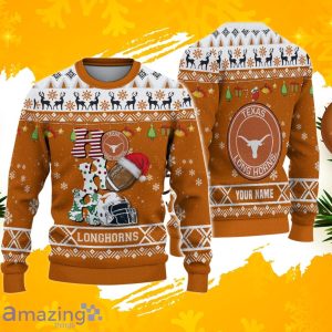 NCAA Texas Longhorns HO HO HO Ugly Christmas Sweater Custom Name Product Photo 1