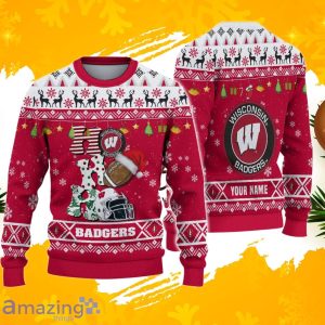 NCAA Wisconsin Badgers HO HO HO Ugly Christmas Sweater Custom Name Product Photo 1
