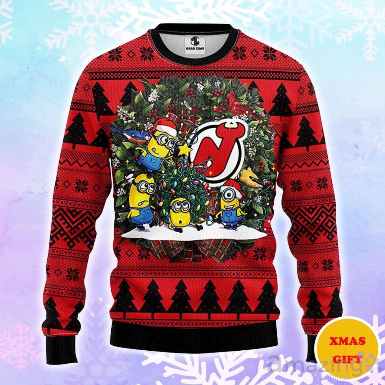 New Jersey Devils Minion Christmas AOP Sweater image New Jersey Devils Minion Christmas AOP Sweater Product Photo 1