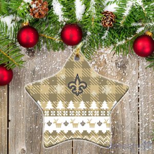New Orleans Saints Ceramic Ornament Christmas Pixel Art Tartan Background Product Photo 1