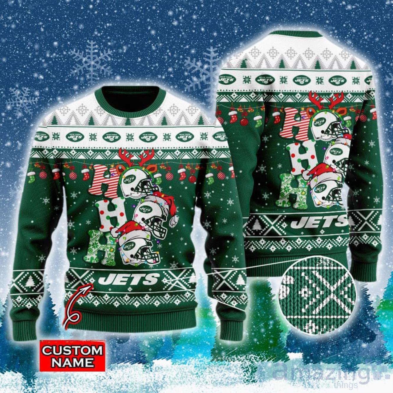 New York Jets NFL Christmas Hohoho Ugly Christmas Sweater Custom Name image New York Jets NFL Christmas Hohoho Ugly Christmas Sweater Custom Name Product Photo 1
