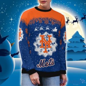 New York Mets Santa sleigh driving reindeer Pattern Ugly Christmas Sweater Product Photo 3