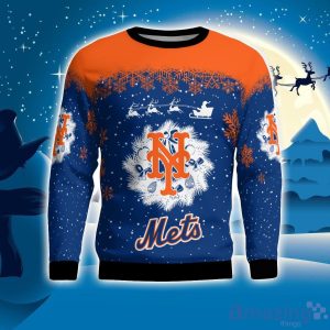 New York Mets Santa sleigh driving reindeer Pattern Ugly Christmas Sweater Product Photo 1