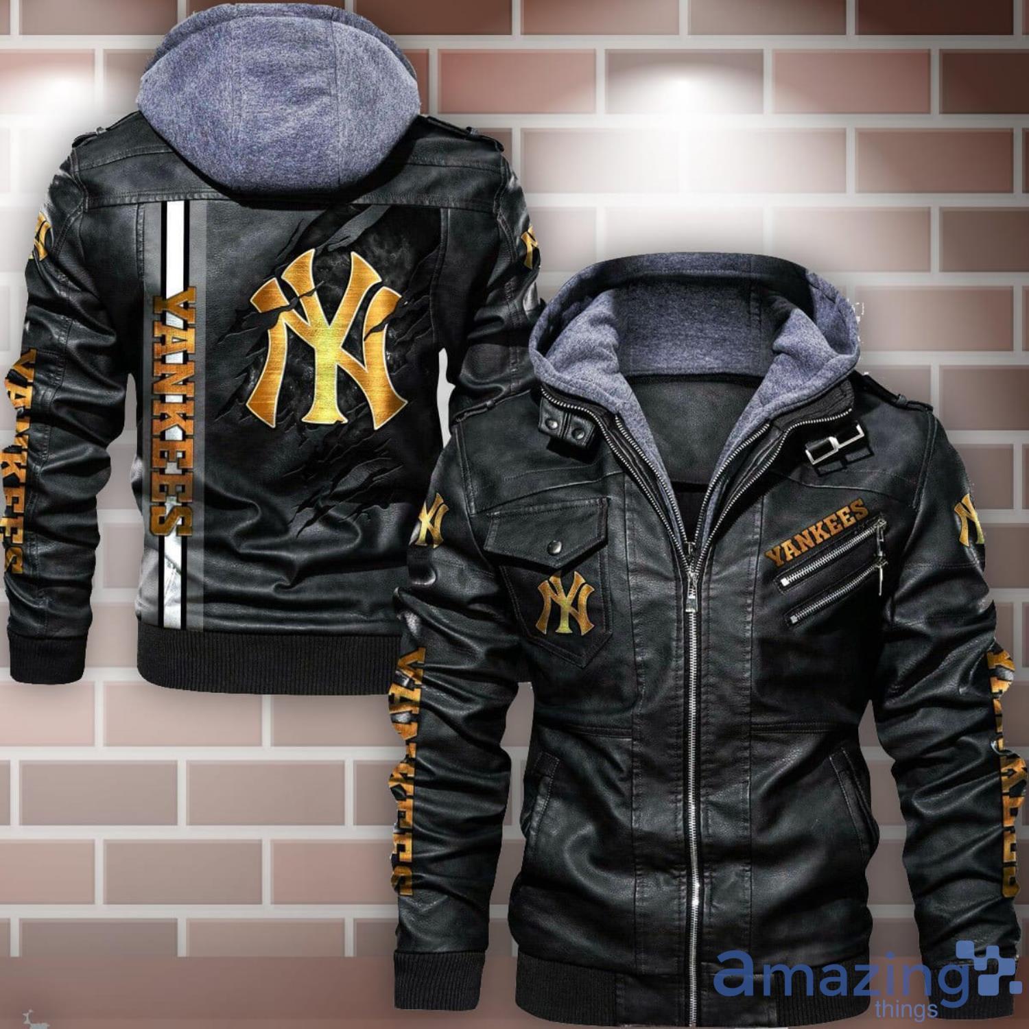 New York Yankees Striped Style Leather Jacket For Fans