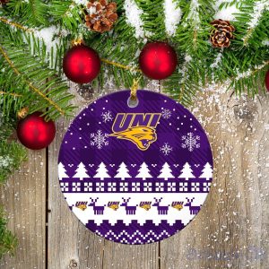 Northern Iowa Panthers Ceramic Ornament Christmas Pixel Art Tartan Background Product Photo 2