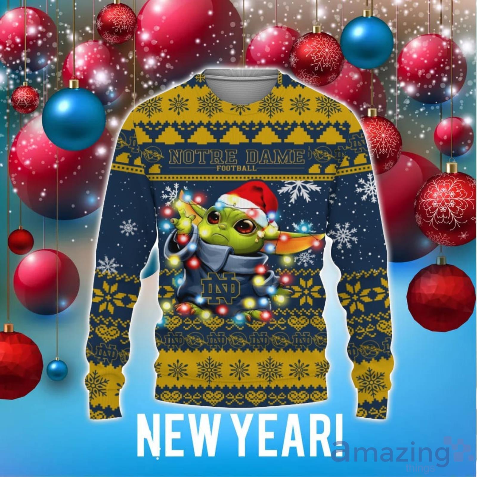 Notre Dame Fighting Irish Baby Yoda Star Wars Christmas Gift 3D Ugly Christmas Sweater Christmas Holiday Family Gift Product Photo 1