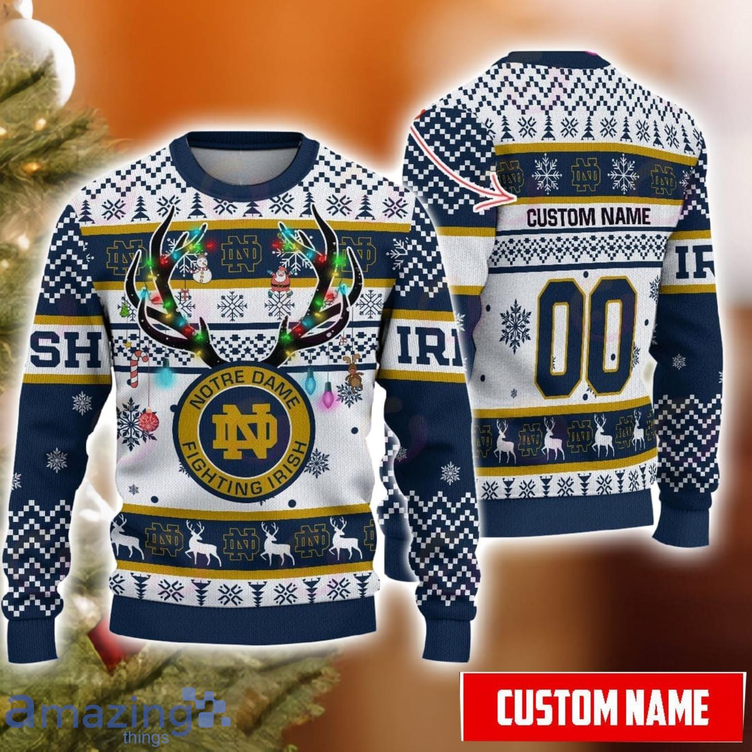 Notre Dame Fighting Irish Reindeer Pattern Special Custom Name And Number Ugly Christmas Sweater NCAA Fans Gifft Product Photo 1