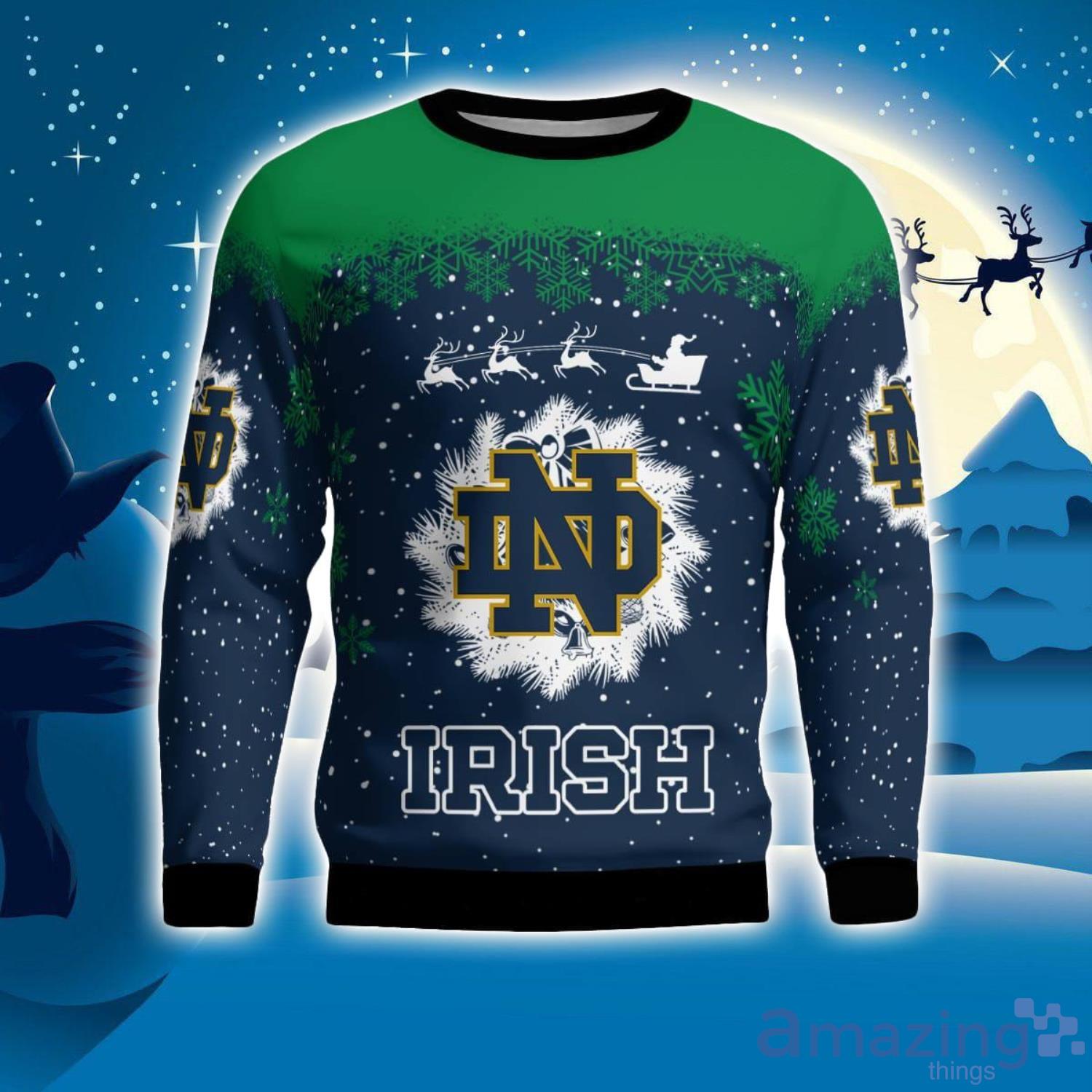 Notre Dame Fighting Irish Santa sleigh driving reindeer Pattern Ugly Christmas Sweater Product Photo 1