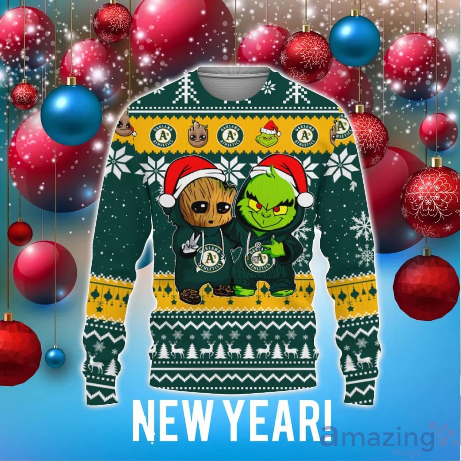 Oakland Athletics Baby Groot And Grinch Ugly Christmas 3D Hoodie