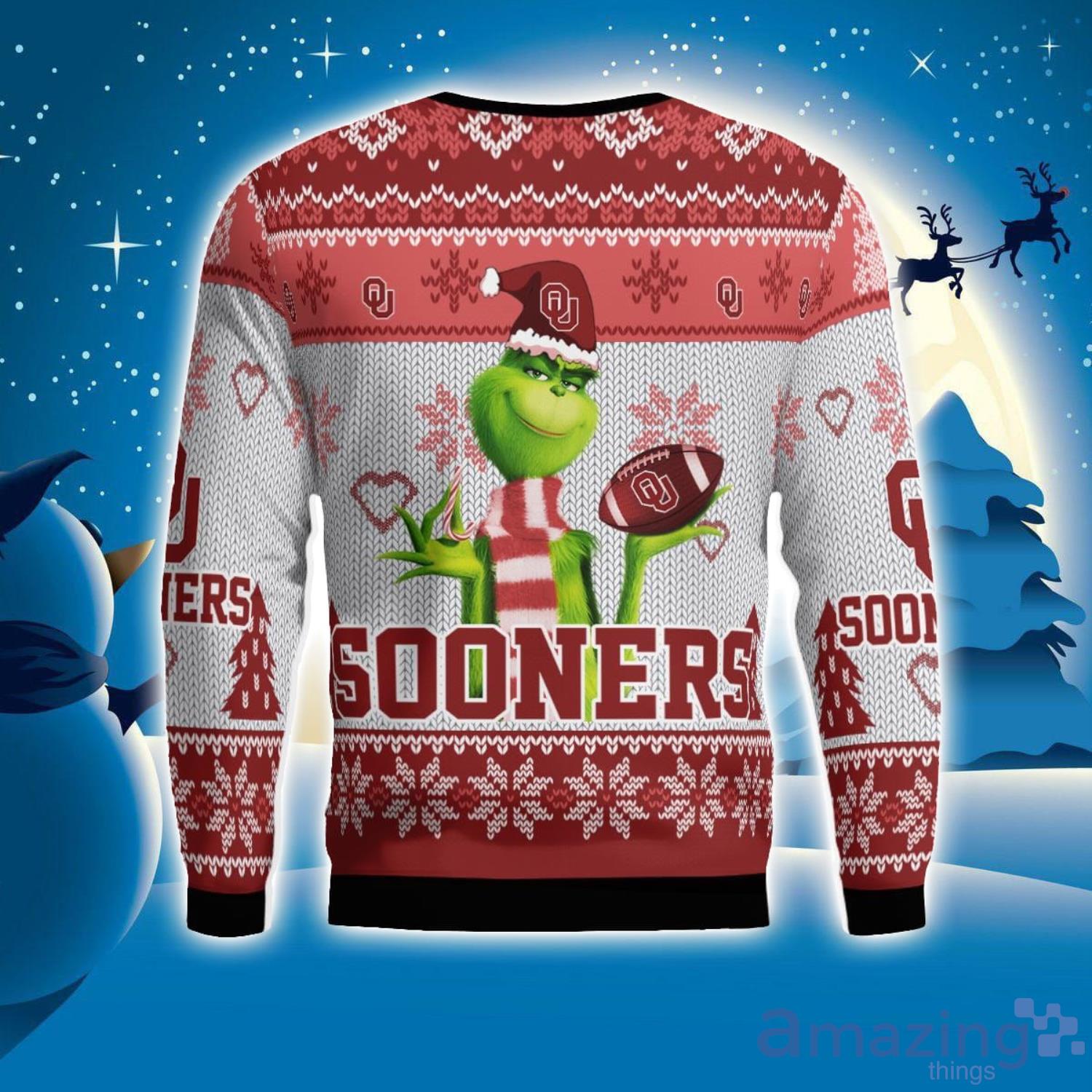 Oklahoma Sooners Grinch Snowflake Pattern Ugly Sweater Christmas image Oklahoma Sooners Grinch Snowflake Pattern Ugly Sweater Christmas Product Photo 2