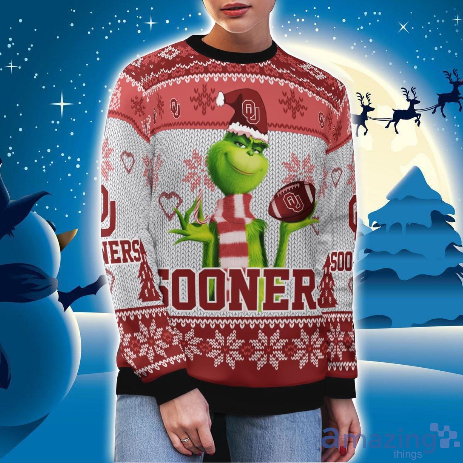 Oklahoma Sooners Grinch Snowflake Pattern Ugly Sweater Christmas image Oklahoma Sooners Grinch Snowflake Pattern Ugly Sweater Christmas Product Photo 3