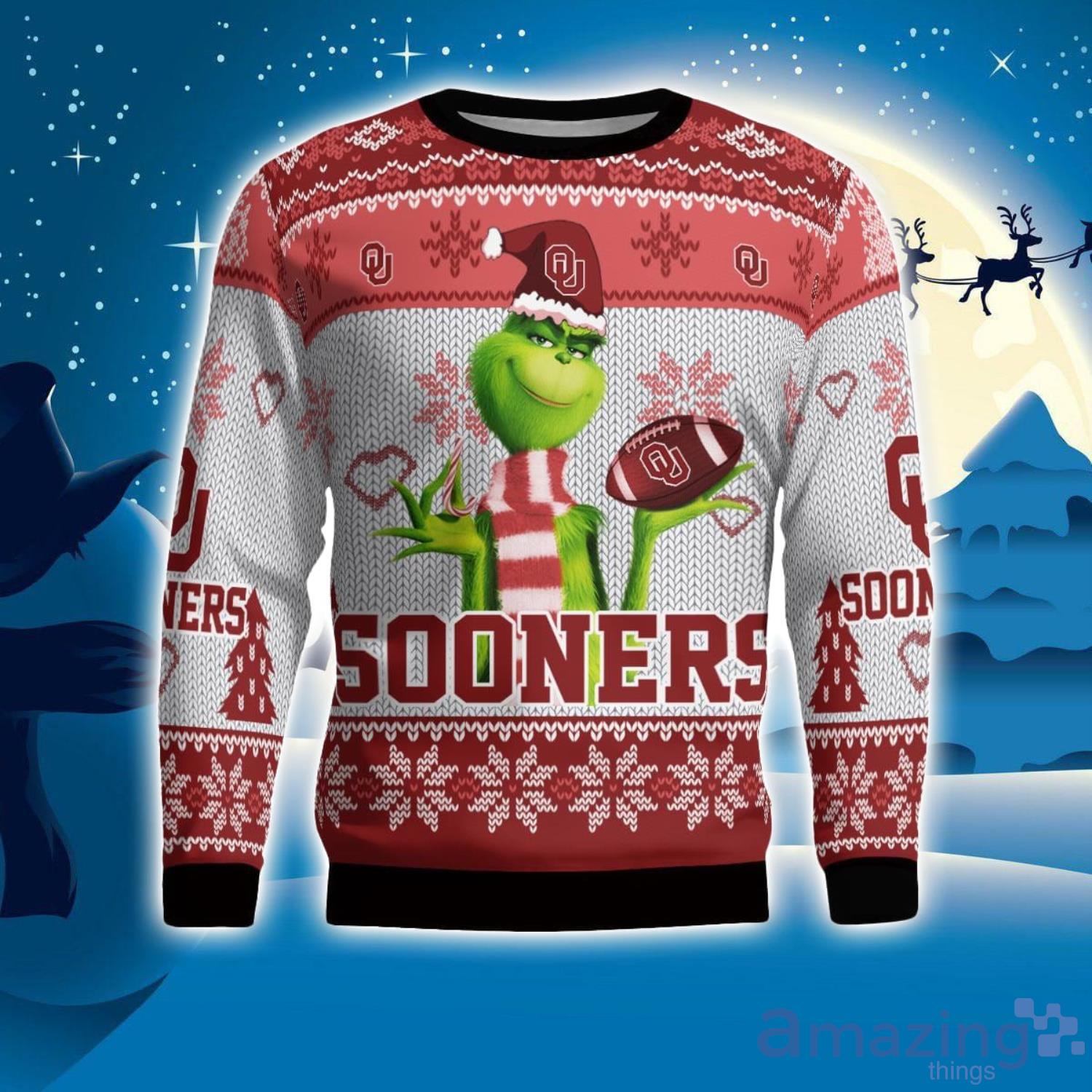 Oklahoma Sooners Grinch Snowflake Pattern Ugly Sweater Christmas image Oklahoma Sooners Grinch Snowflake Pattern Ugly Sweater Christmas Product Photo 1