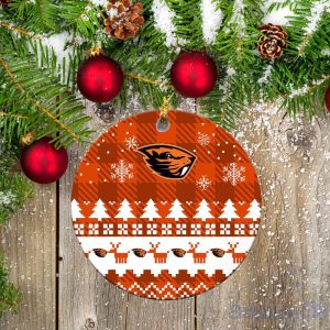 Oregon State Beavers Ceramic Ornament Christmas Pixel Art Tartan Background Product Photo 2