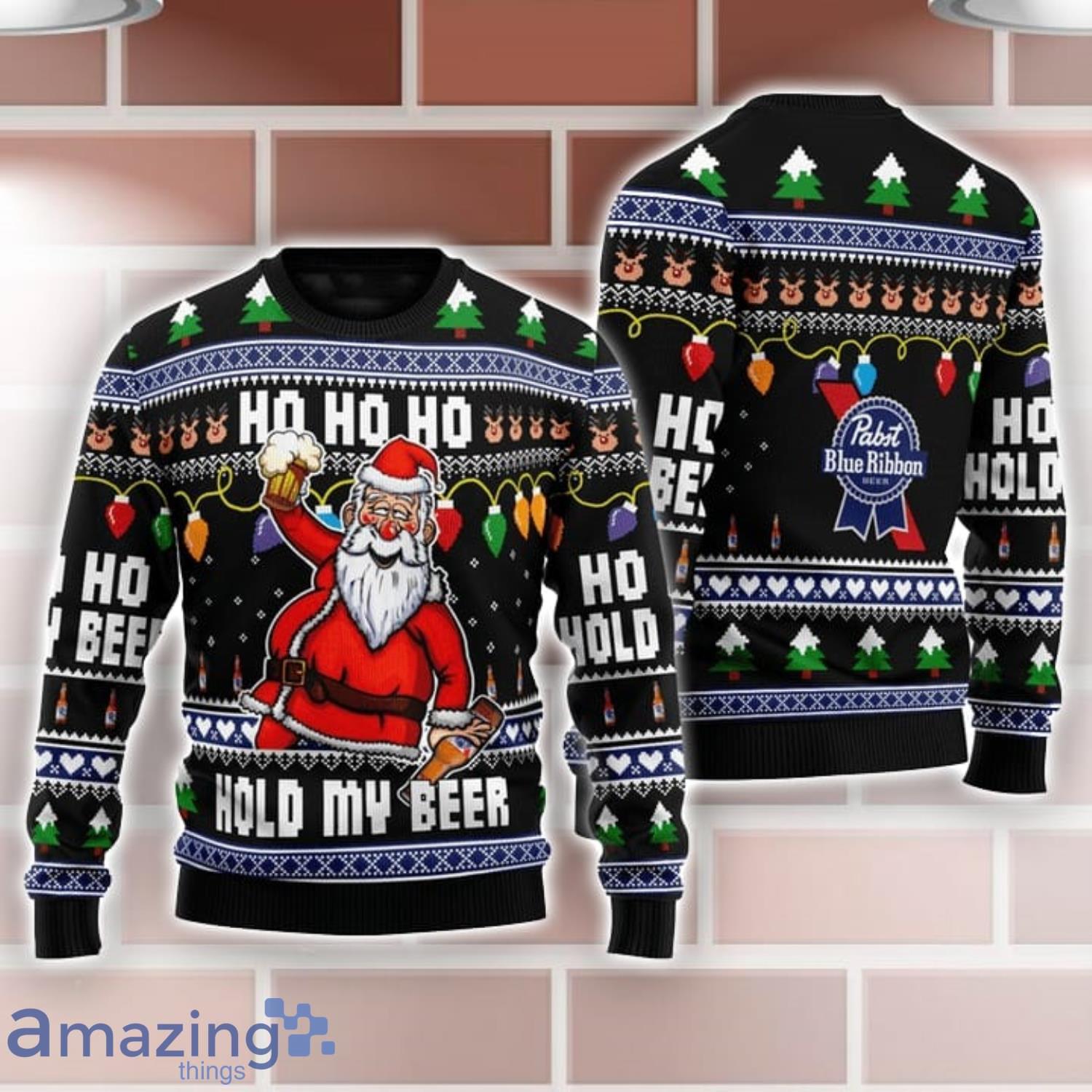 Pabst Blue Ribbon Black Santa Hold My Beer Ho Ho Ho Ugly Christmas Sweater Product Photo 1