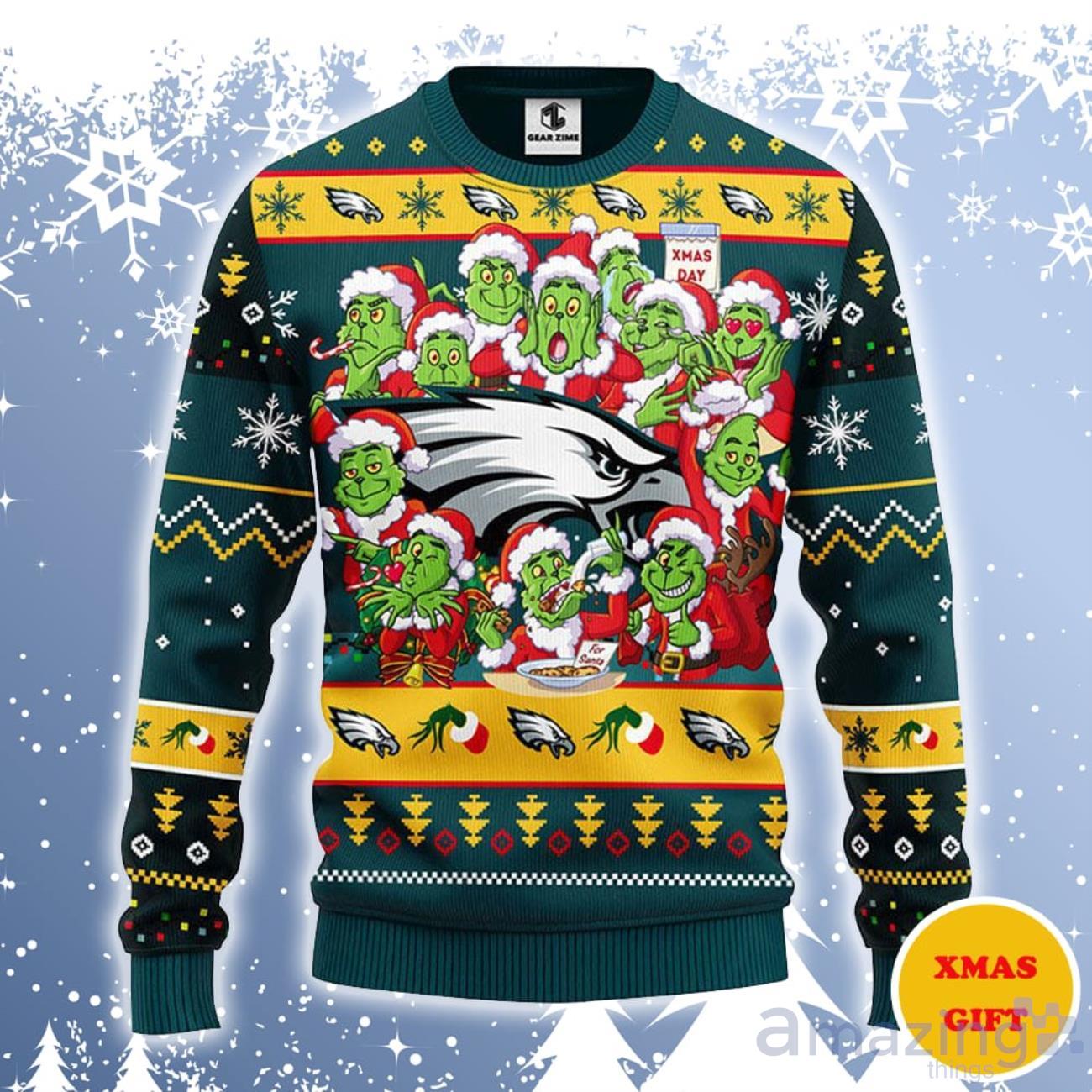 NFL Philadelphia Eagles Cute 12 Grinch Face Xmas Day Ugly Christmas Sweater  Sport Fans Men And Women Christmas Gift