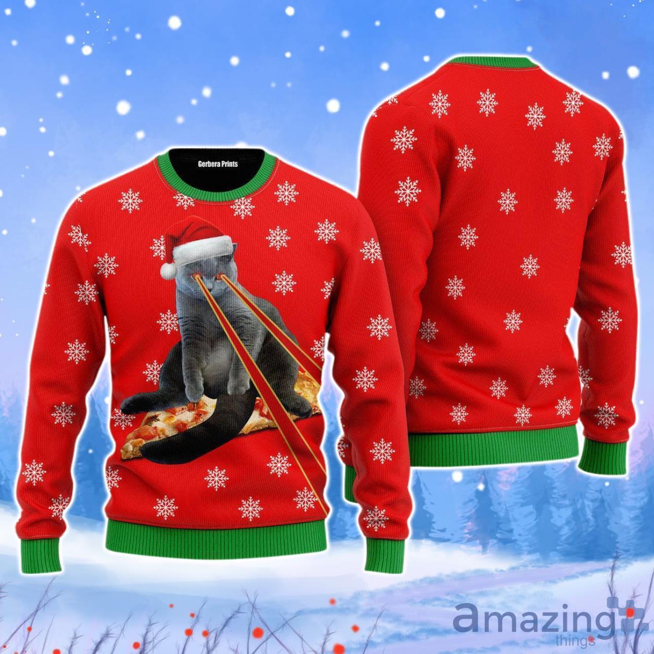 Pizza Cat With Laser Eyes Merry Christmas Unisex Ugly Sweater image Pizza Cat With Laser Eyes Merry Christmas Unisex Ugly Sweater Product Photo 1