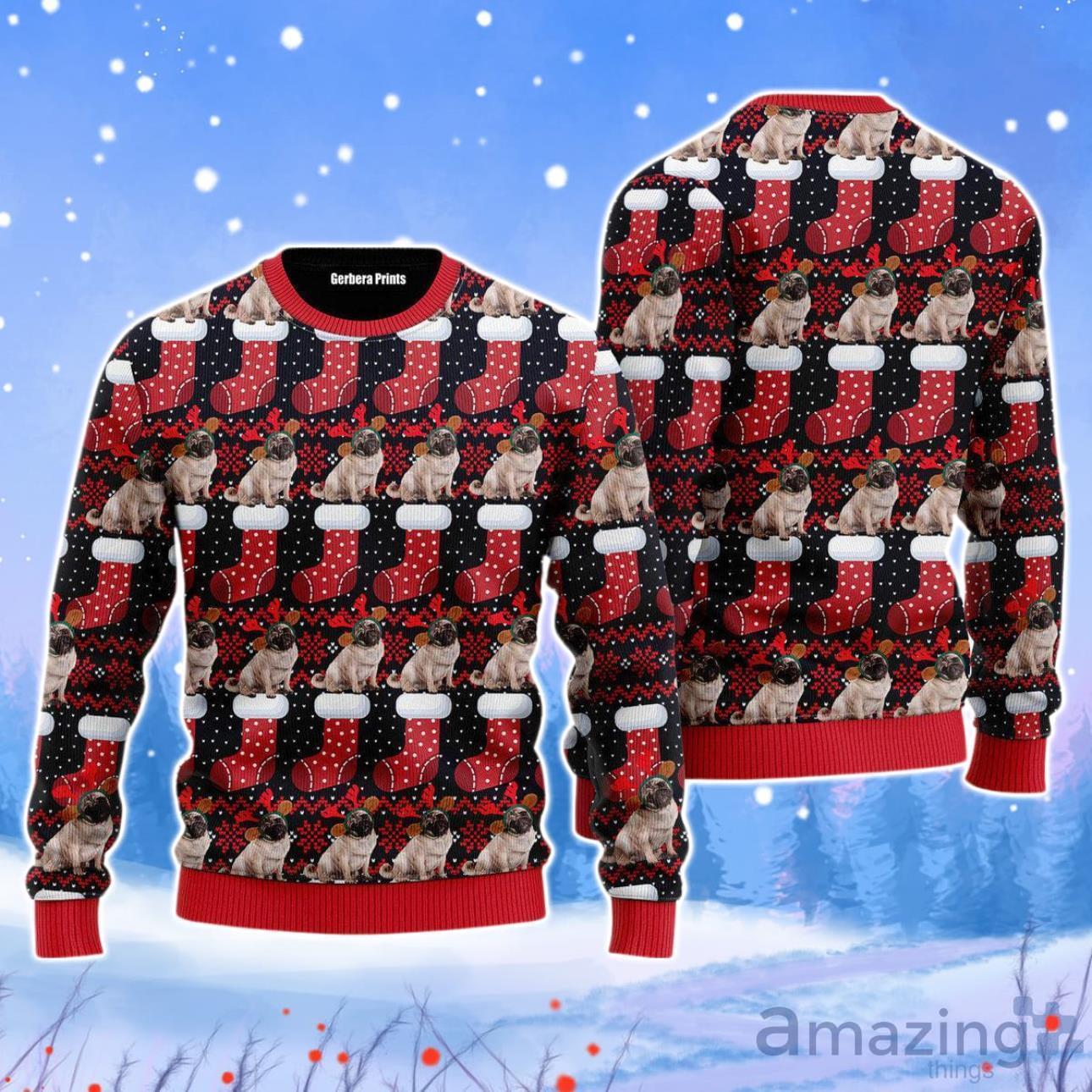 Puppy Dog With Red Xmas Socks Pattern Christmas Unisex Ugly Sweater image Puppy Dog With Red Xmas Socks Pattern Christmas Unisex Ugly Sweater Product Photo 1