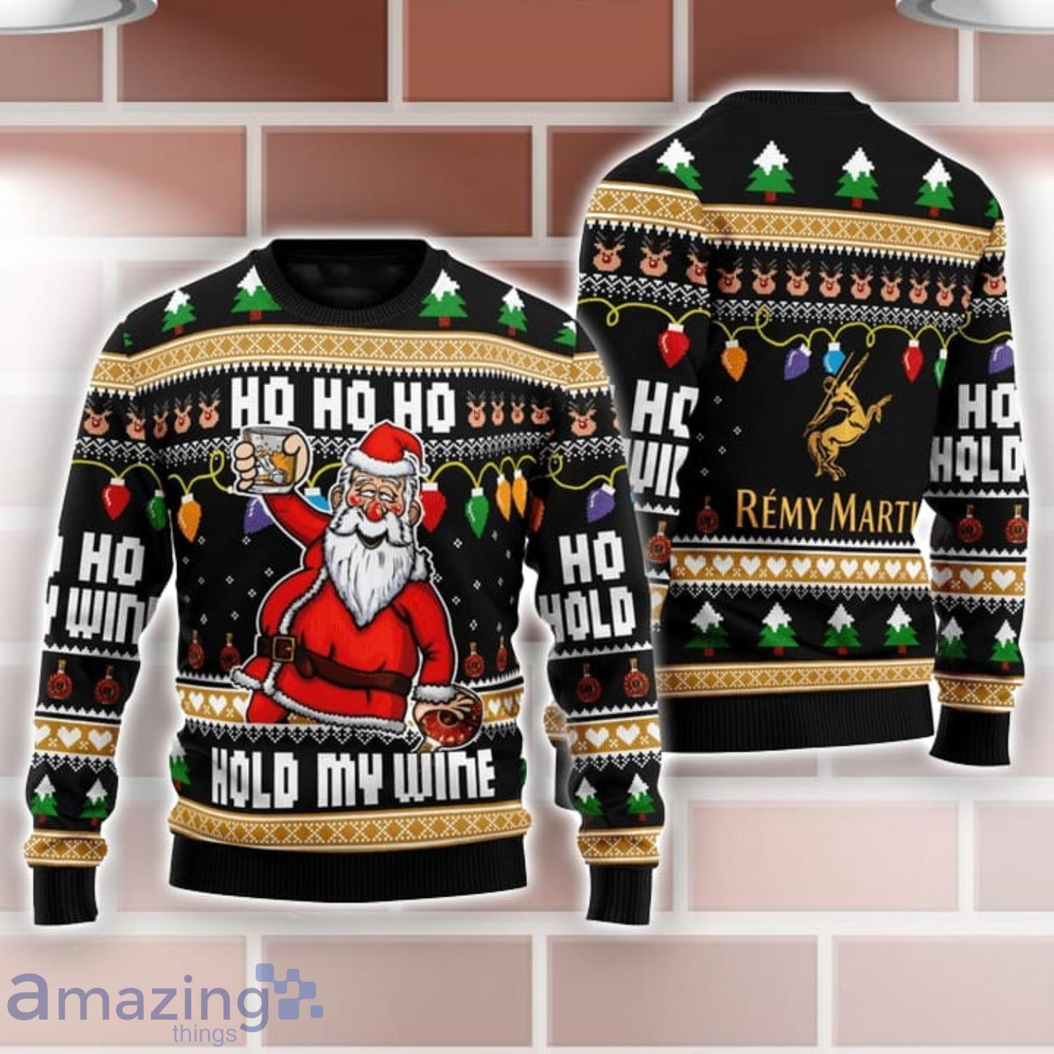 Remy Martin Black Santa Hold My Wine Ho Ho Ho Ugly Christmas Sweater Product Photo 1