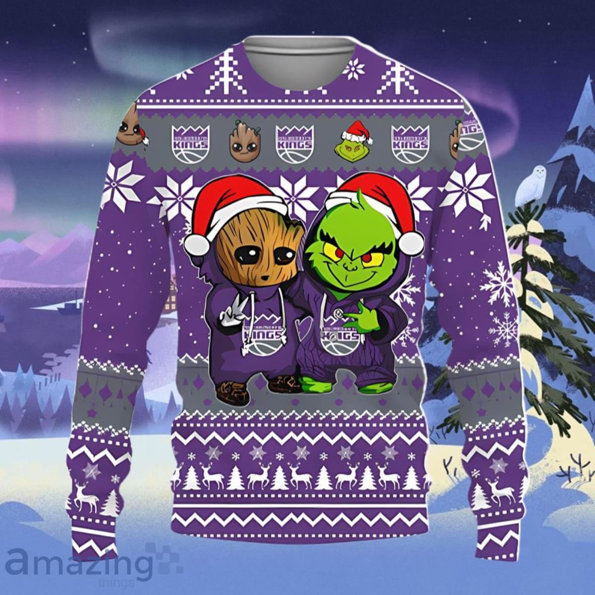 Sacramento Kings Baby Groot And Grinch Ugly Christmas Sweater Style Gift For Men And Womens image Sacramento Kings Baby Groot And Grinch Ugly Christmas Sweater Style Gift For Men And Womens Product Photo 1