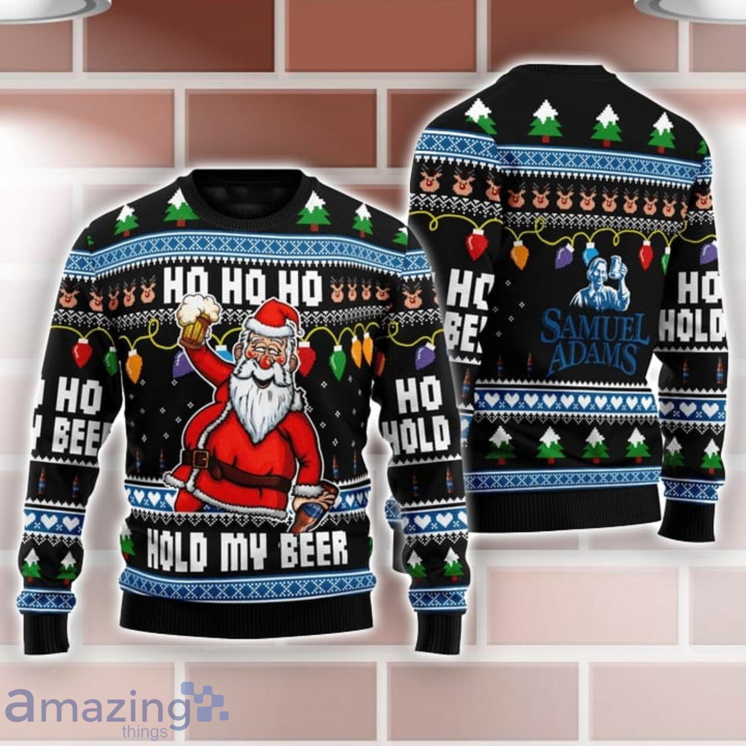 Samuel Adams Black Santa Hold My Beer Ho Ho Ho Ugly Christmas Sweater Product Photo 1