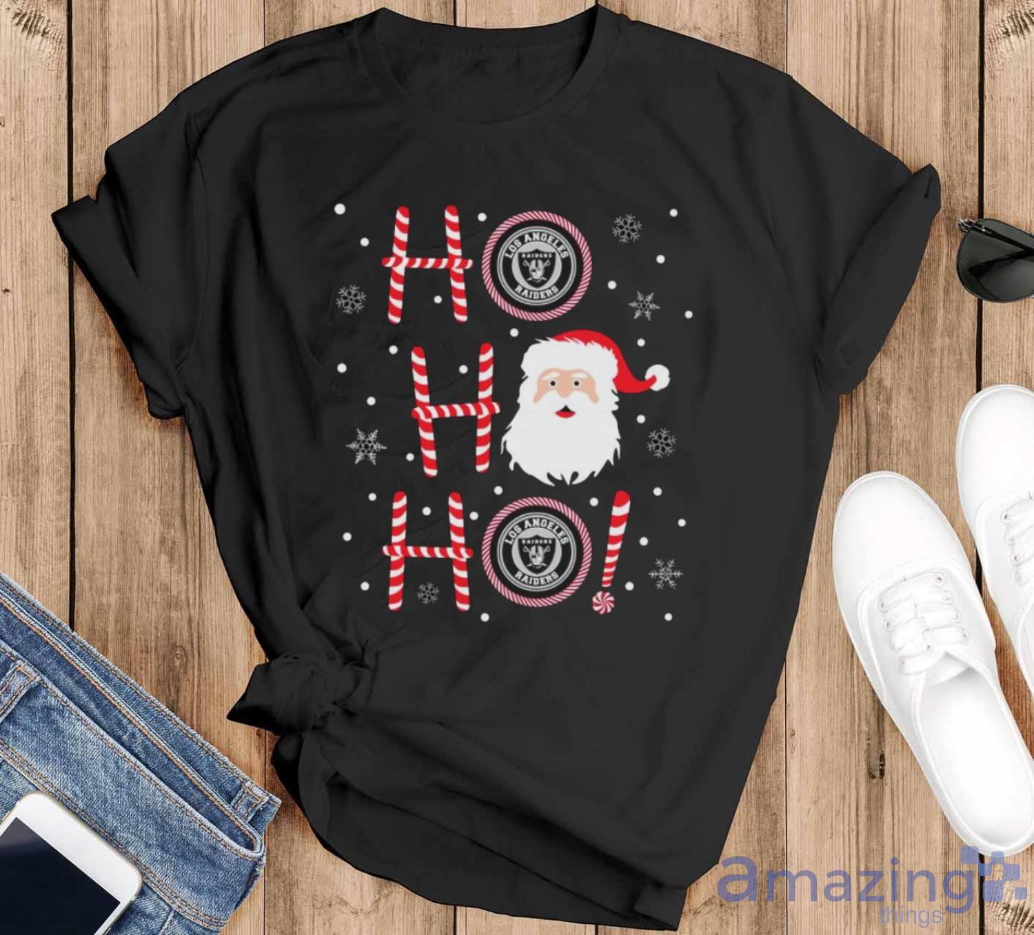 Santa Claus Ho Ho Ho Oakland Raiders Christmas image Santa Claus Ho Ho Ho Oakland Raiders Christmas - Black T-Shirt