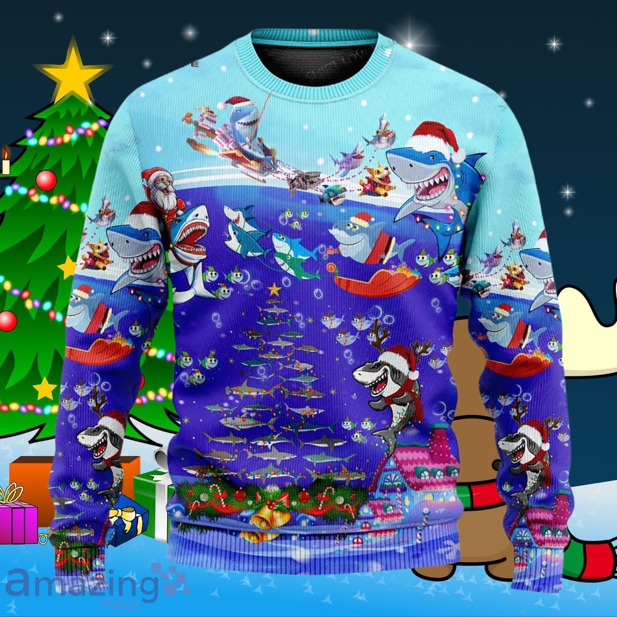 Santa Shark Sits On Rockets And Brings Gifts To Ocean Ugly Christmas Sweater Best Gift image Santa Shark Sits On Rockets And Brings Gifts To Ocean Ugly Christmas Sweater Best Gift Product Photo 1