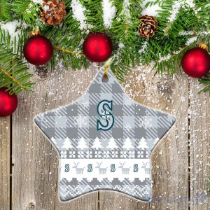 Seattle Mariners Ceramic Ornament Christmas Pixel Art Tartan Background Product Photo 1