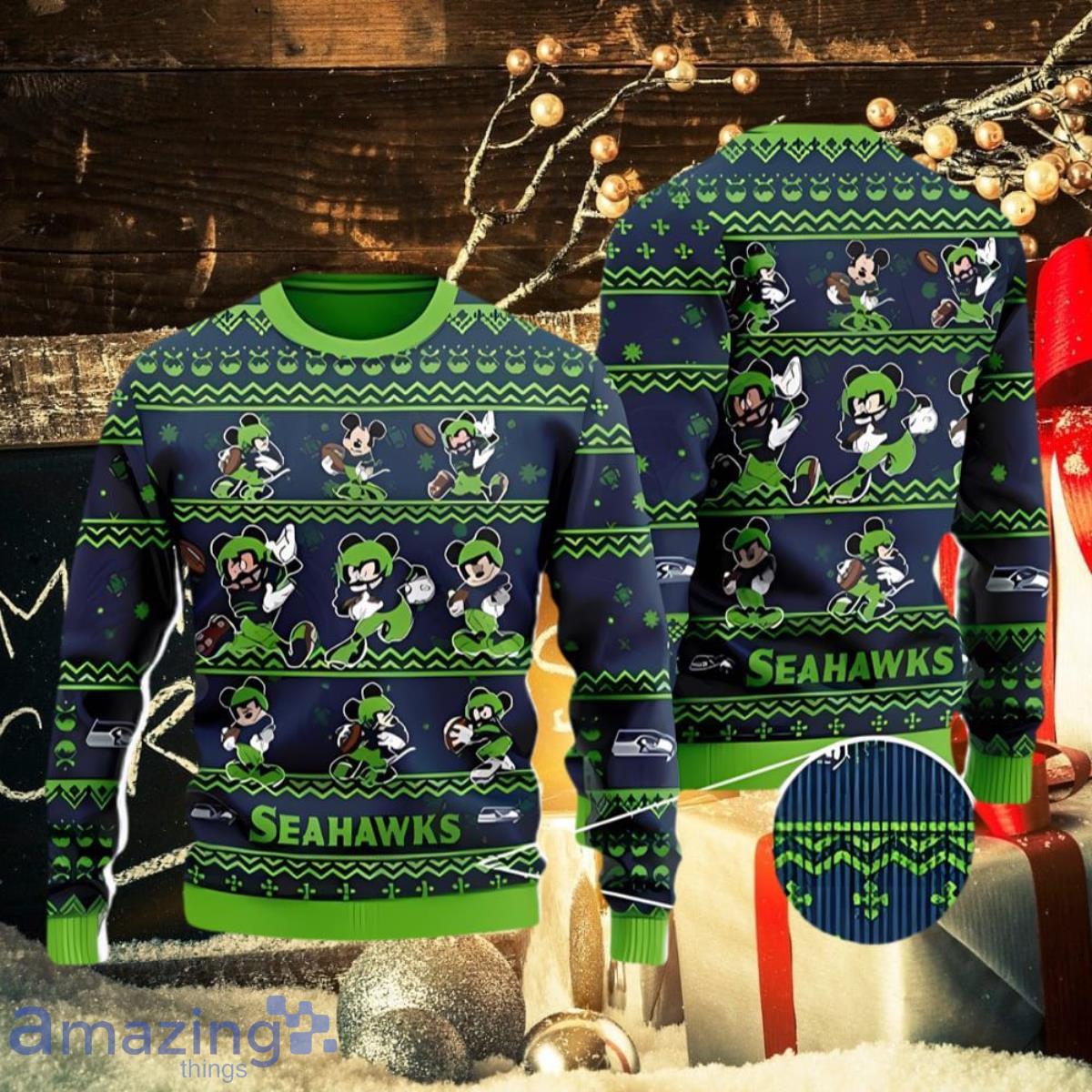 Seattle Seahawks HoHoHo Mickey Christmas Ugly Sweater –