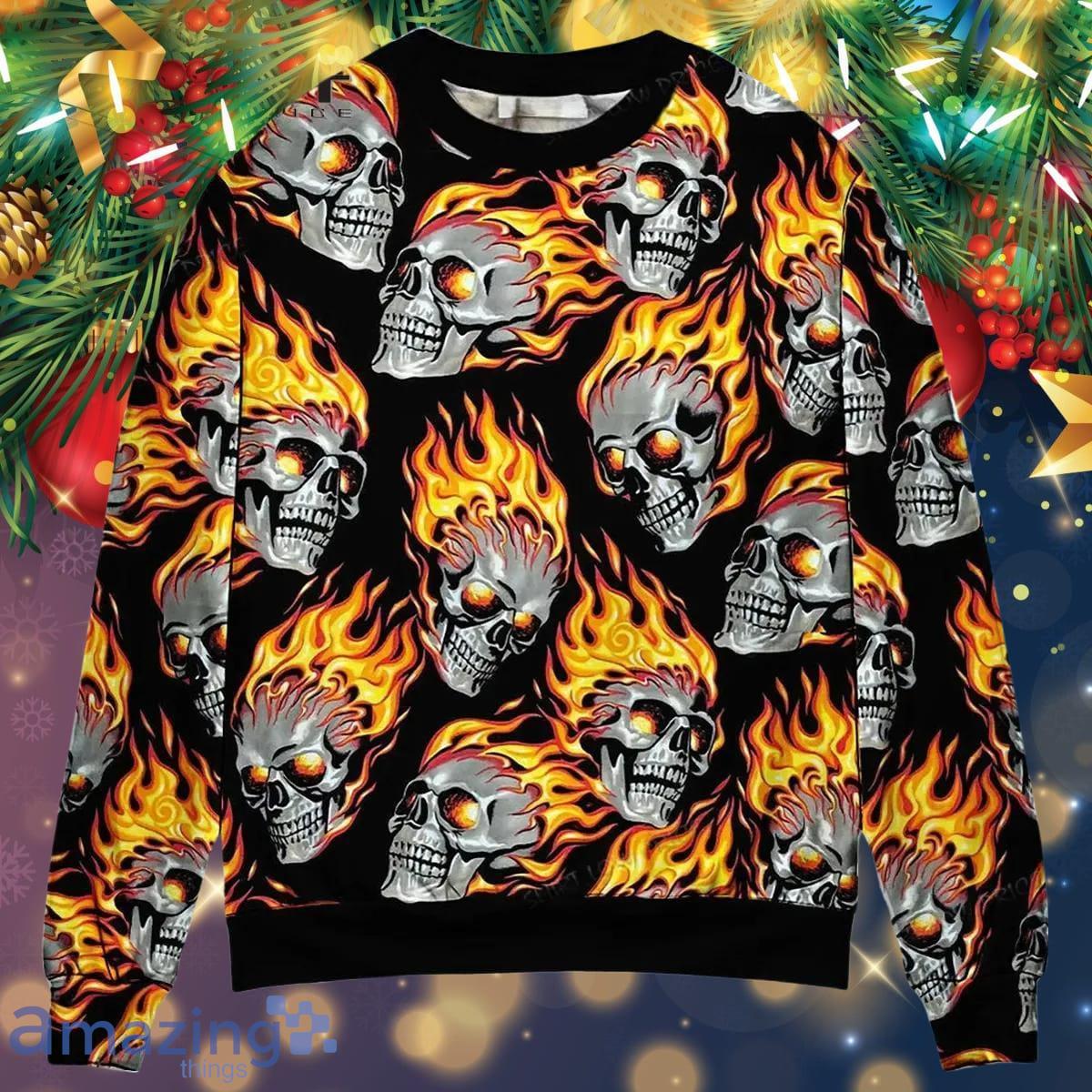 Skull Cool On Fire Ugly Christmas Sweater Best Gift For Men And Women image Skull Cool On Fire Ugly Christmas Sweater Best Gift For Men And Women Product Photo 1