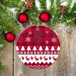 St. John_S Red Storm Ceramic Ornament Christmas Pixel Art Tartan Background Product Photo 2