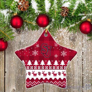 St. John_S Red Storm Ceramic Ornament Christmas Pixel Art Tartan Background Product Photo 1