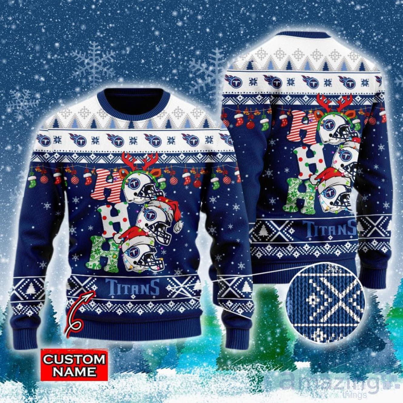 Tennessee Titans NFL Christmas Hohoho Ugly Christmas Sweater Custom Name image Tennessee Titans NFL Christmas Hohoho Ugly Christmas Sweater Custom Name Product Photo 1