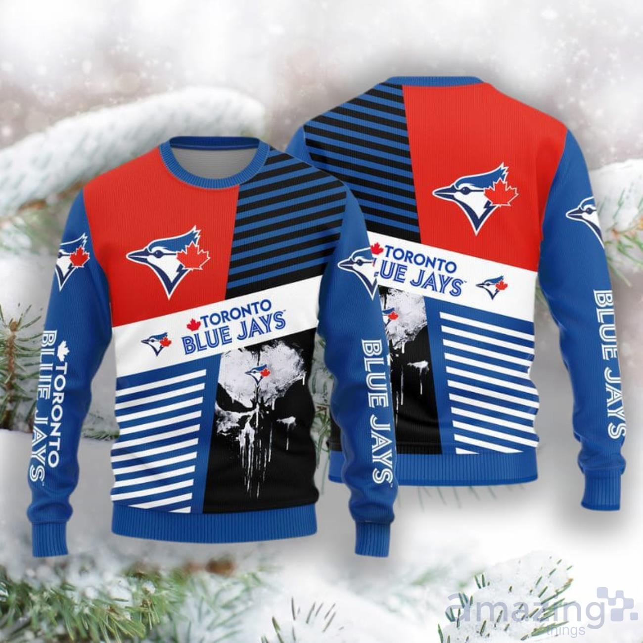 Toronto Blue Jays Skull Pattern Hot Trending Ugly Sweater For Fans image Toronto Blue Jays Skull Pattern Hot Trending Ugly Sweater For Fans Product Photo 1