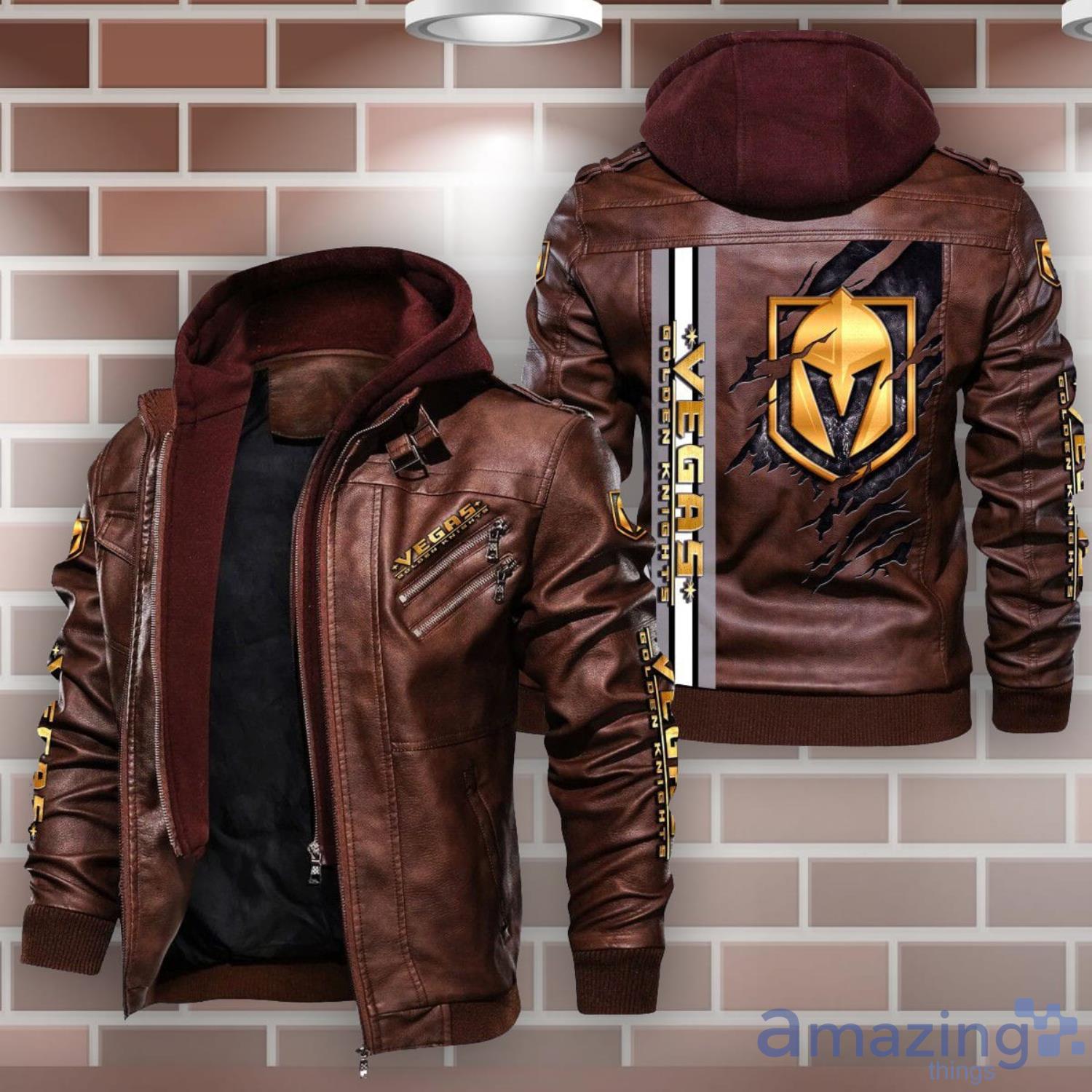 Vegas Golden Knights Striped Style Leather Jacket For Fans image Vegas Golden Knights Striped Style Leather Jacket For Fans Product Photo 2