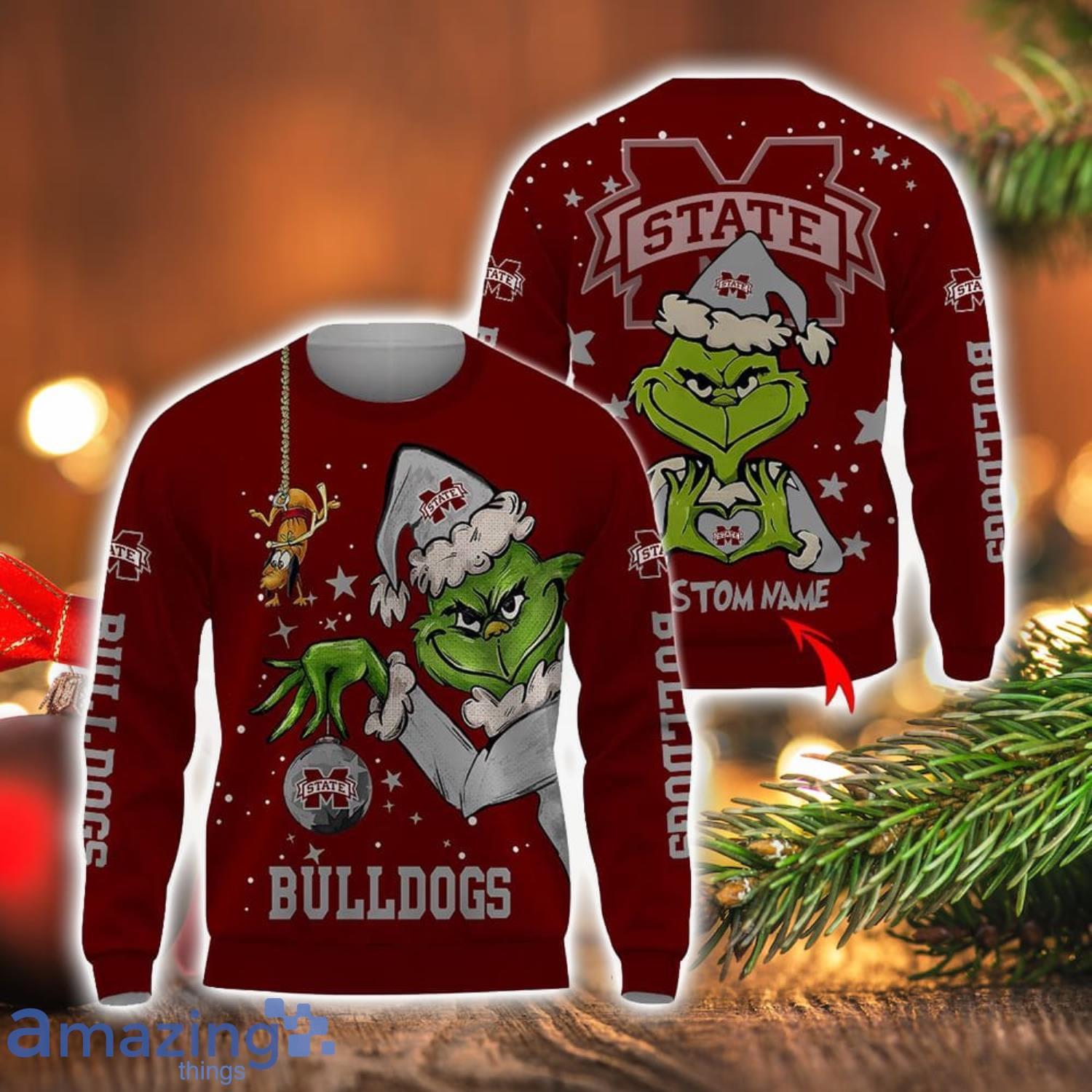 Personalized Name NCAA Mississippi State Bulldogs Football Fans Sweater Grinch Ugly Sweater Christmas Christmas Gift Ideas image Personalized Name NCAA Mississippi State Bulldogs Football Fans Sweater Grinch Ugly Sweater Christmas Christmas Gift Ideas Product Photo 1