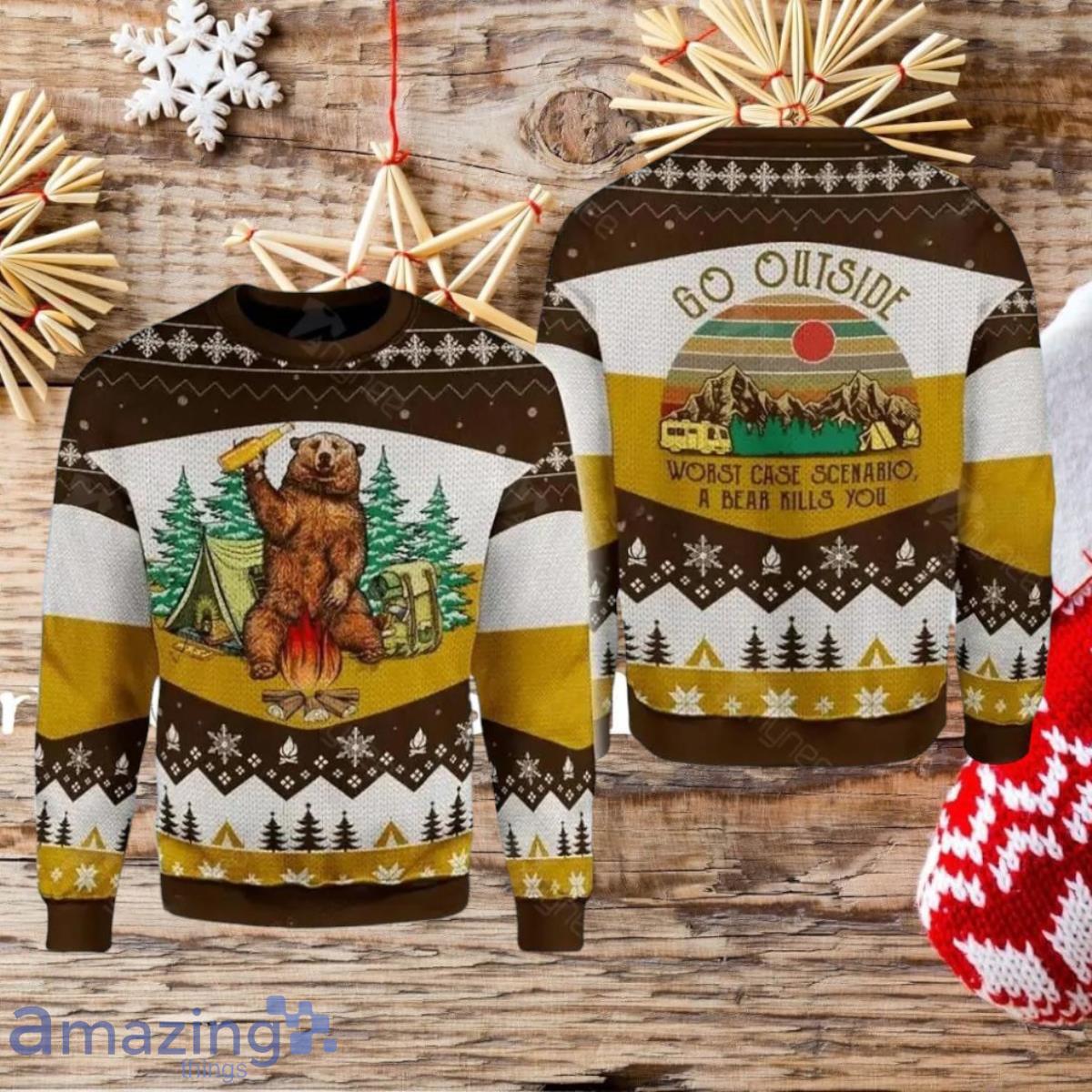 A Bear With Beer Vintage Camping Ugly Christmas Sweater Style Gift For Men And Women image A Bear With Beer Vintage Camping Ugly Christmas Sweater Style Gift For Men And Women Product Photo 1