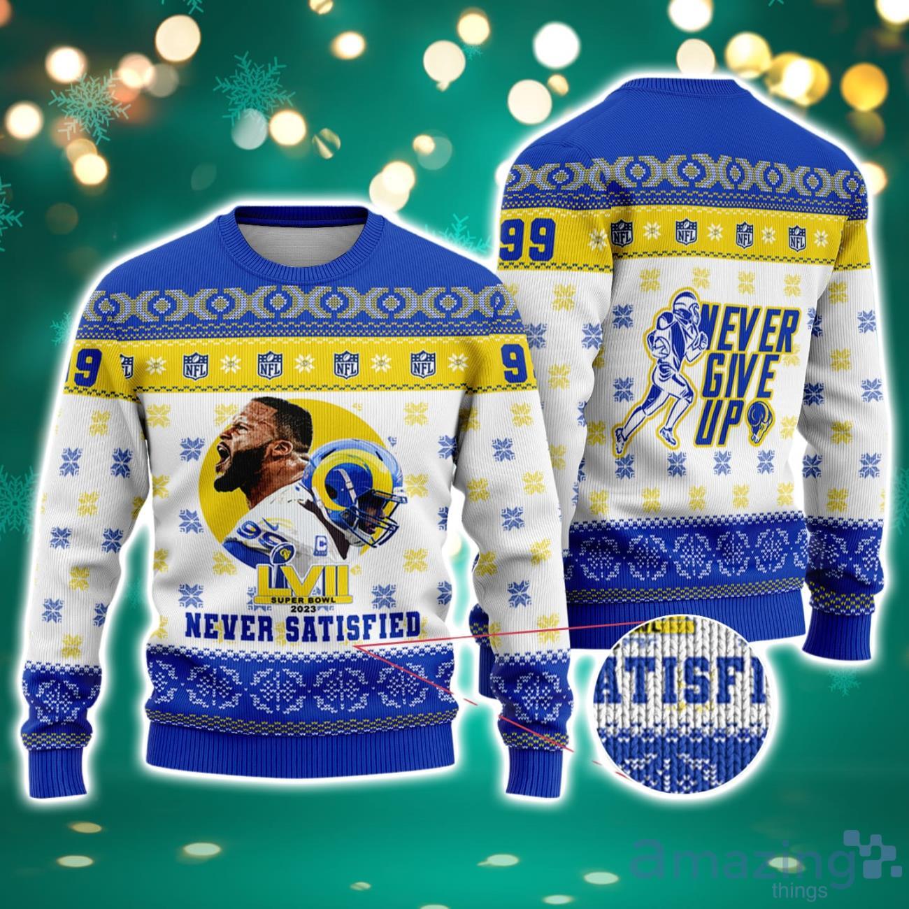 Aaron Donald Never Satisfied LA Rams Never Give Up 2023 Super Bowl NFL Christmas Ugly Sweater image Aaron Donald Never Satisfied LA Rams Never Give Up 2023 Super Bowl NFL Christmas Ugly Sweater Product Photo 1